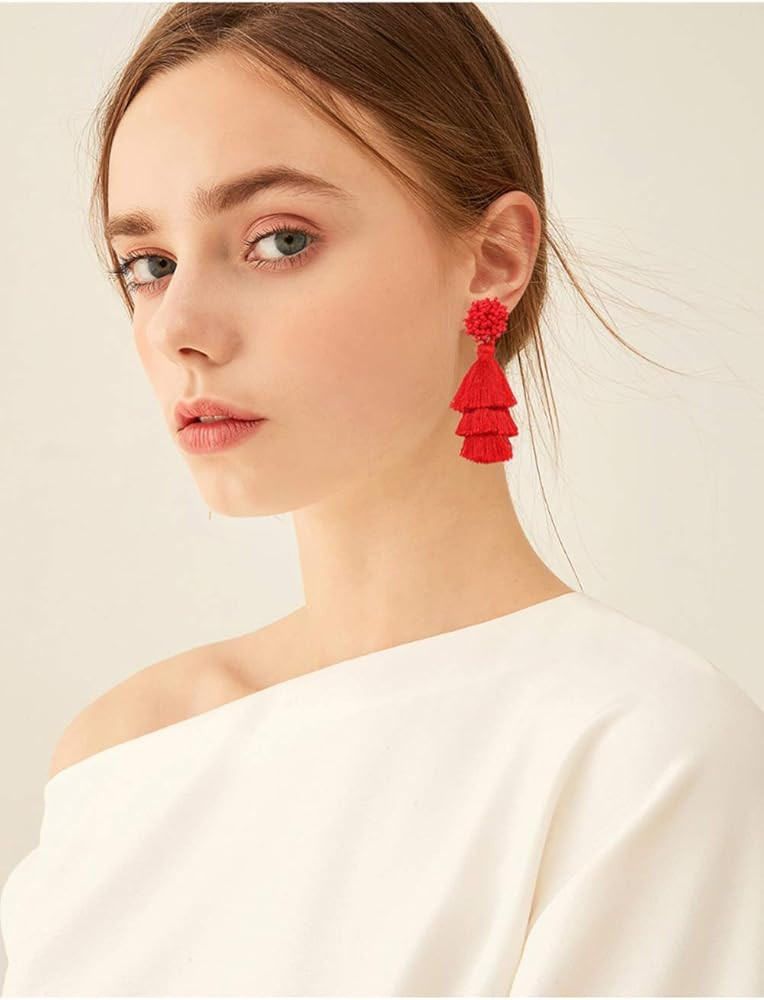 Layered Tassel Earring Bohemian Lightweight Colorful Tiered Thread long Fringe Tassel Drop Dangle... | Amazon (US)