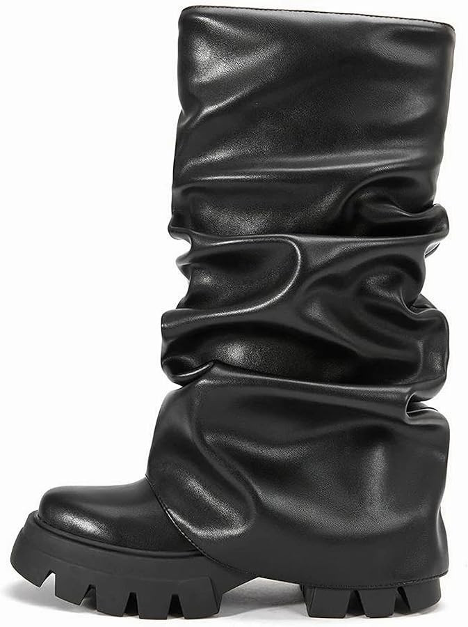 LISHAN Women's Platform Heel Metallic Fold Over Pull on Shark Ruched Boots | Amazon (US)