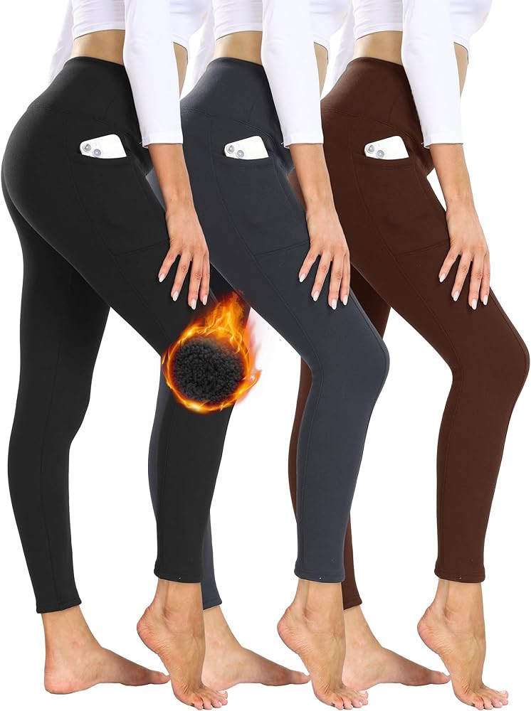 3 Pack Fleece Lined Leggings Women with Pockets - High Waisted Plus Size Winter Thermal Yoga Pant... | Amazon (US)