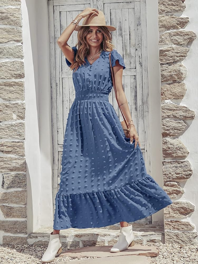 PRETTYGARDEN Women's Boho Dress Short Sleeve V Neck Swiss Dot Ruffle Tiered Maxi Dress Smocked Cockt | Amazon (US)