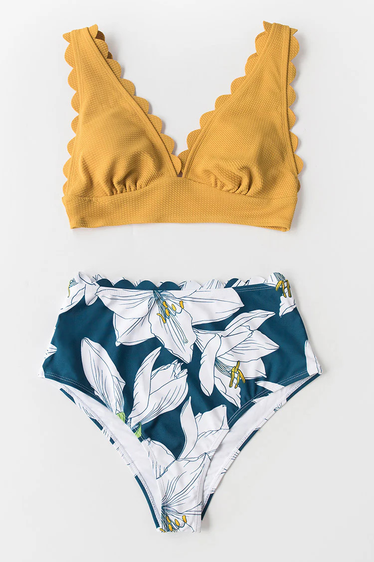 Yellow and Floral V-Neck Scalloped Bikini | Cupshe
