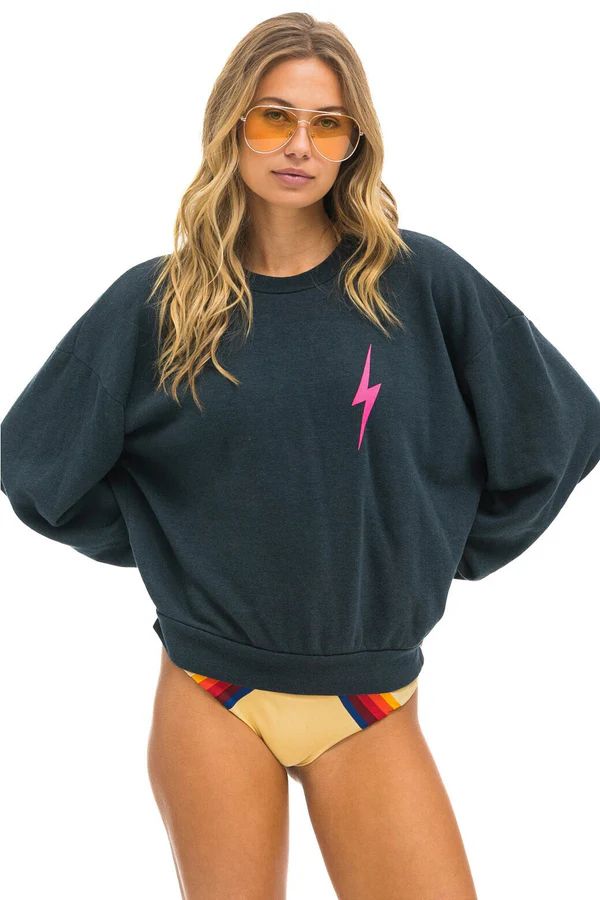 BOLT 2 RELAXED CREW SWEATSHIRT - CHARCOAL // NEON PINK | Aviator Nation