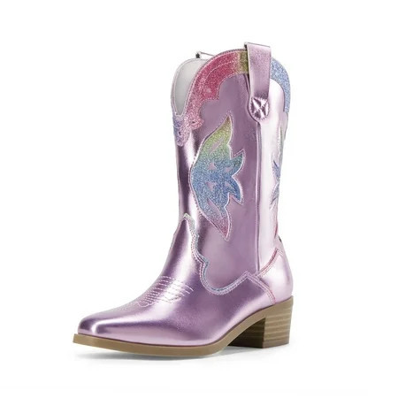 BURUDANI Girls' Western Cowgirl Cowboy Boots Glitter Rainbow Embroidered Mid-Calf Boots | Walmart (US)