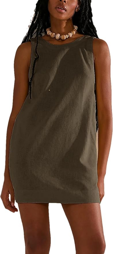 Womens Summer Crew Neck Sleeveless Open Back Dress Casual Beach Sunshine Cotton Linen Mini Dress | Amazon (US)