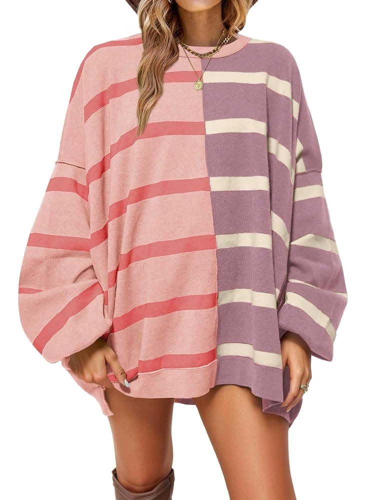 Fisoew Womens Striped Pullover Sweater Crew Neck Long Sleeve Knitted Color Block Casual Loose Lig... | Amazon (US)