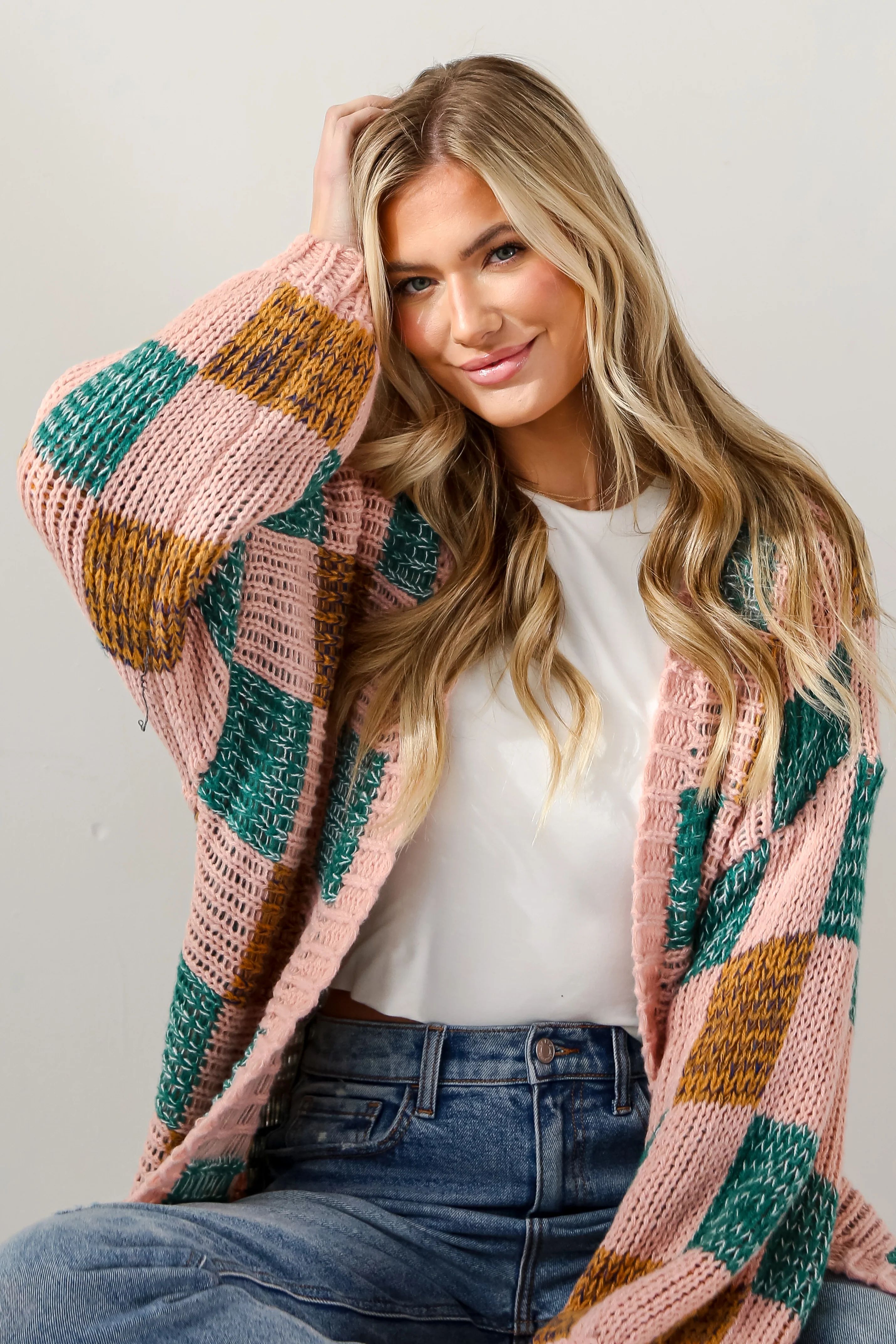 Have It All Blush Checkered Sweater Cardigan | Dress Up