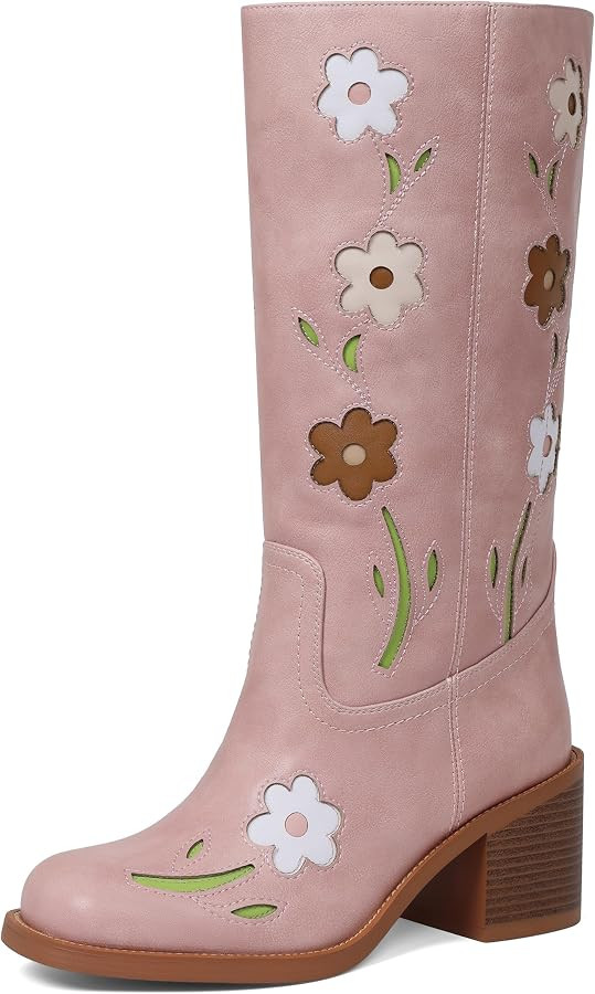 Mid Calf Boots for Women Chunky Block Heel Women\u2019s Tall Boots With Flowers Square Toe Comfor... | Amazon (US)
