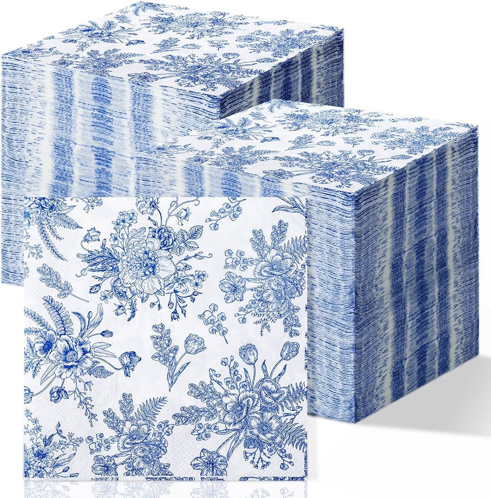 Fuutreo 200 Pcs Floral Cocktail Napkins Blue Floral Cocktail Beverage Napkins Bridal Shower Party... | Amazon (US)