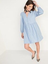 Long-Sleeve Fit & Flare Chambray Mini Dress for Women | Old Navy (US)