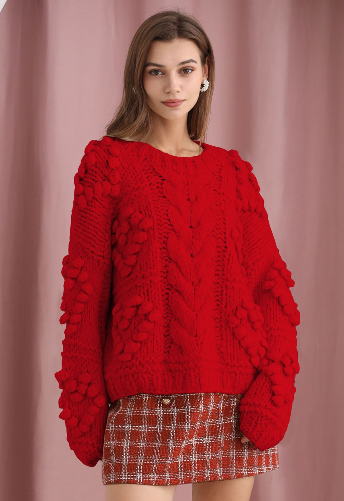 Pom-Pom Heart Braid Hand Knit Sweater in Red | Chicwish