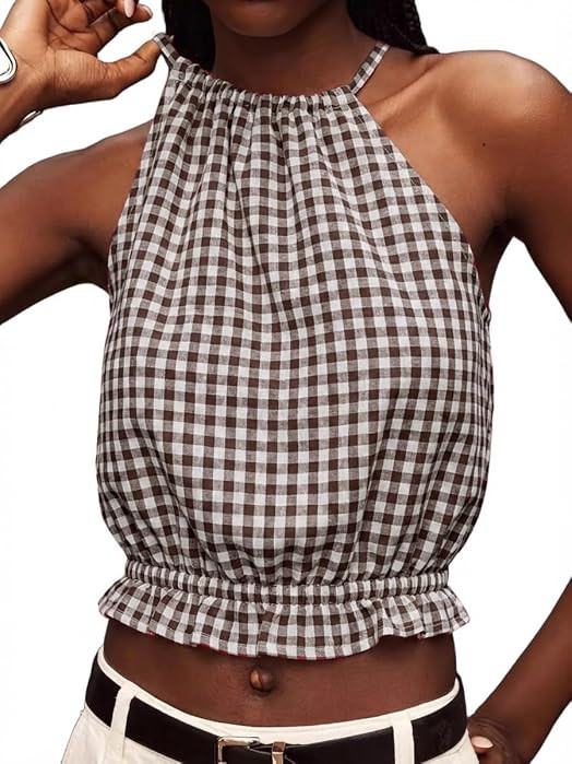IDEALSANXUN Womens Crop Linen Halter Tops Summer High Neck Tank Tops Sleeveless Shirts | Amazon (US)