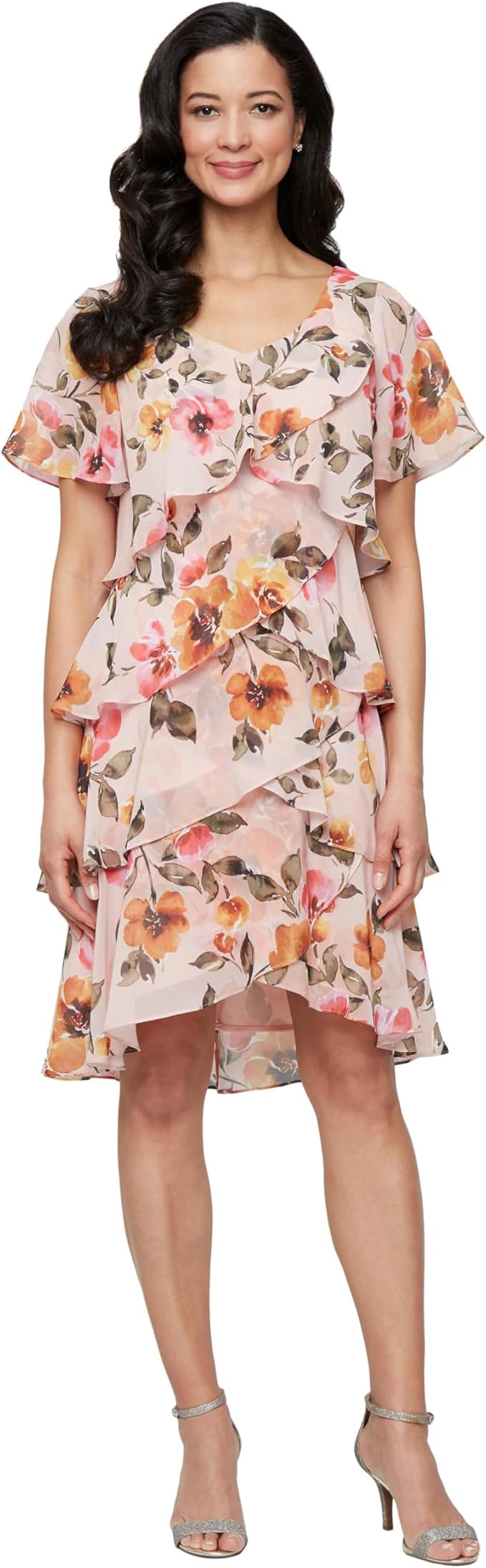 S.L. Fashions Women's Short Sleeve Floral Tiered Chiffon Cocktail Spring/Summer, Wedding Guest Dr... | Amazon (US)