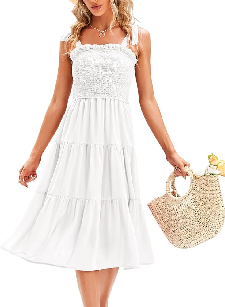 Renoholl Women's Summer Casual Flutter Tie Strap Dress Square Neck Ruffle Loose Smocked Beach Tie... | Amazon (US)