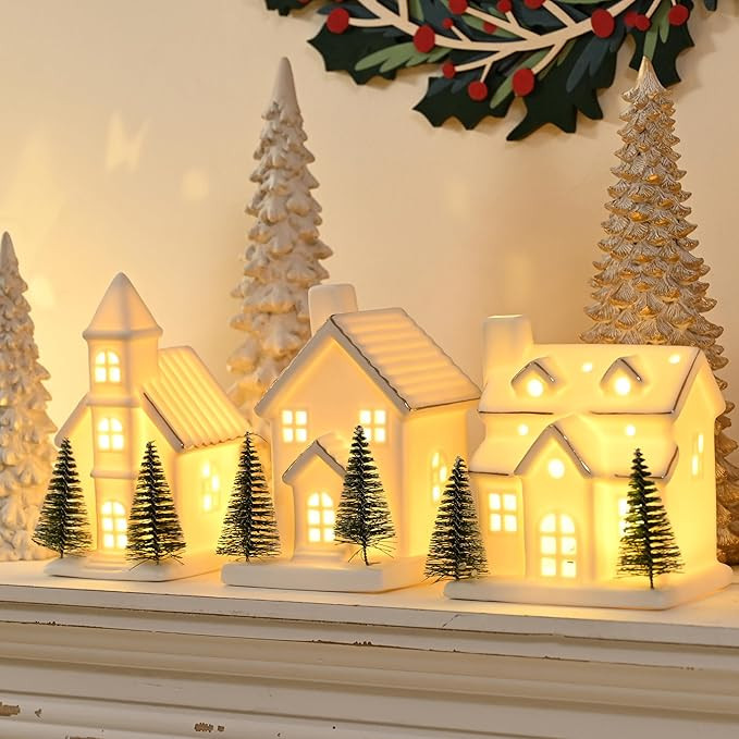 Ceramic White Christmas Village Houses, 3Pcs Light Up Small Porcelain Village House with 6Pcs Chr... | Amazon (US)