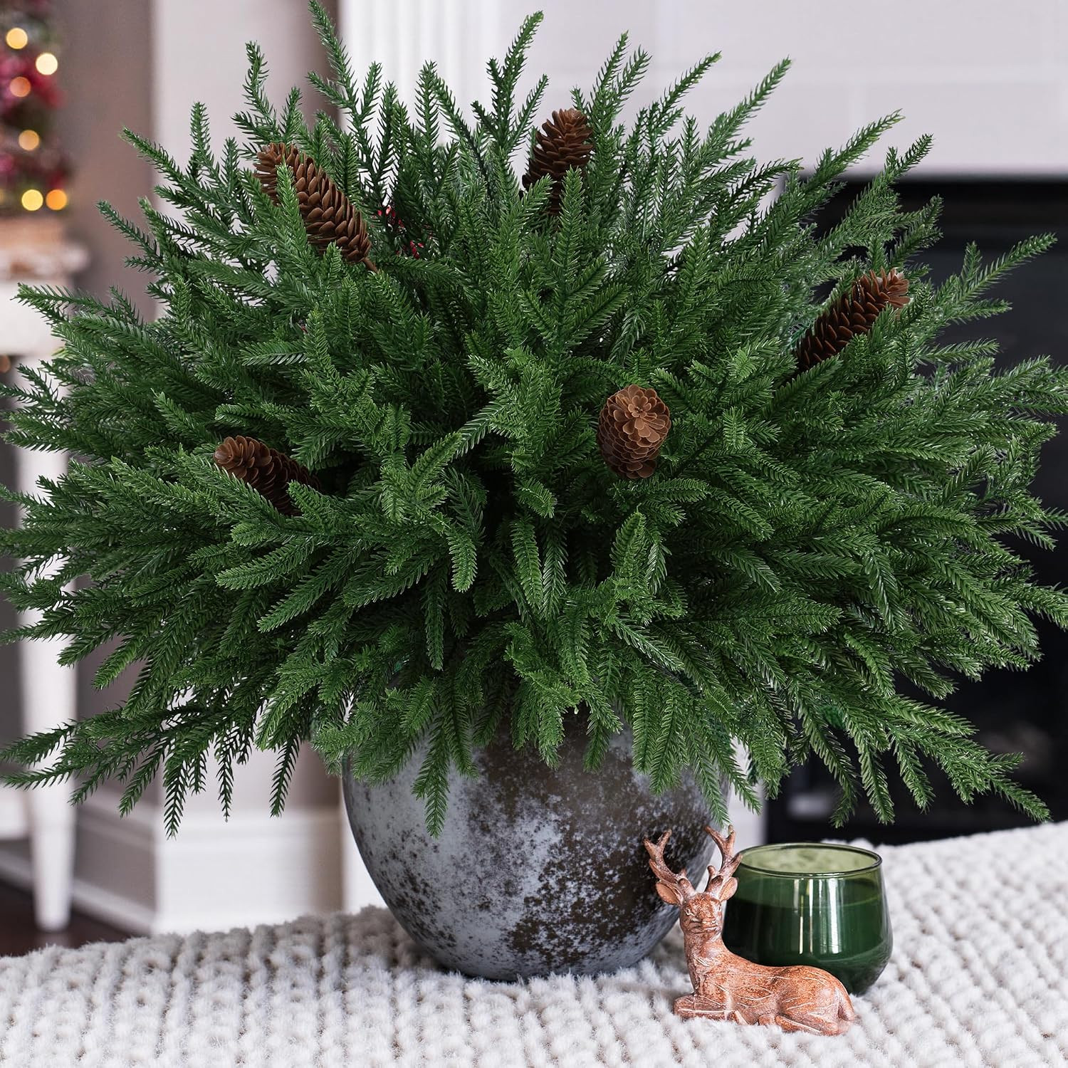 19 Inch Christmas Norfolk Pine Stems, 12PCS Real Touch Faux Cedar Pine with 5PCS Big Pine Cones Branches, Artificial DIY Greenery Stems Plastic Picks for Vase Indoor Outdoor Home Garden Décor | Amazon (US)