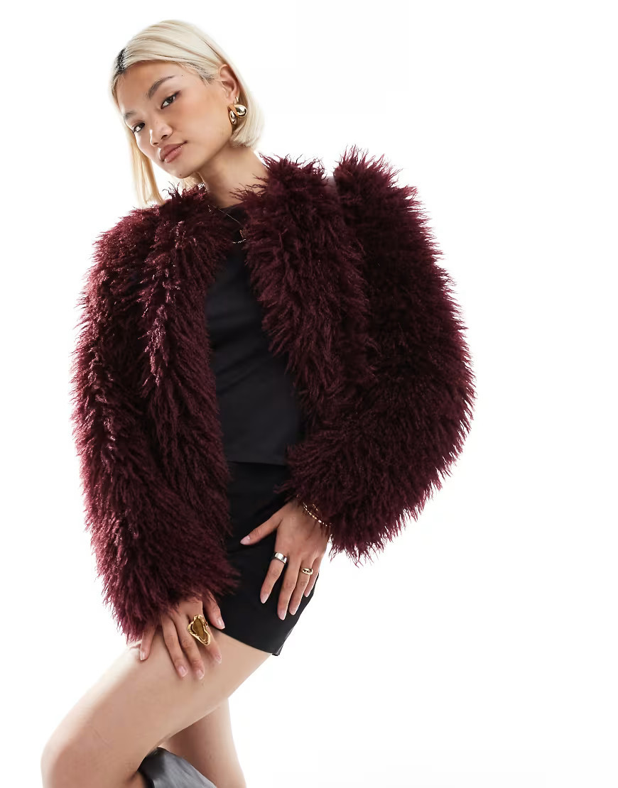 Threadbare faux shearling fur jacket in fig-Red | ASOS (Global)
