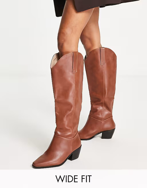 RAID Wide Fit Taylor western style knee boots in brown | ASOS | ASOS (Global)