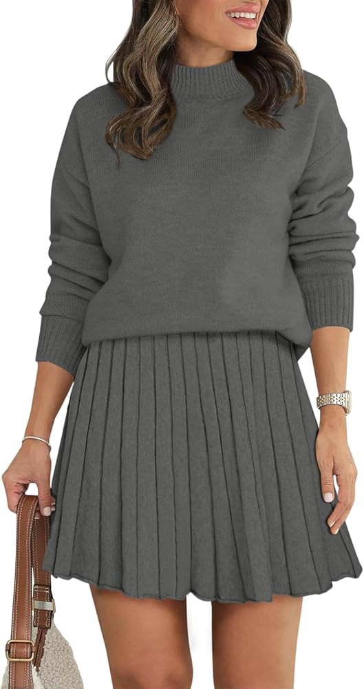 Women's Two Piece Outfits Turtleneck Long Sleeve Ribbed Knit Tops Pleated Mini Skirt 2025 Casual ... | Amazon (US)