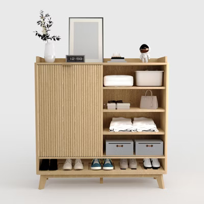 Fluted Shoe Cabinet Storage for Entryway, Wood Large Shoe Organizer Cabinet with Sliding Door, 2 Flip Drawers, Rack & Bottom Open Shelf | Target