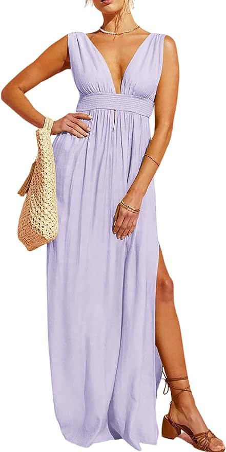R.Vivimos Boho Dress for Women Sexy Deep V Neck Sleeveless Hollow Out Backless Casual Side Slit M... | Amazon (US)