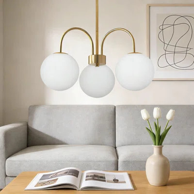 Modern Chandelier With Glass Globe Shades, 3-Light Adjustable Pendant Light Fixture In Brushed Brass And White For Kitchen Island, Living Room, And B | Wayfair North America