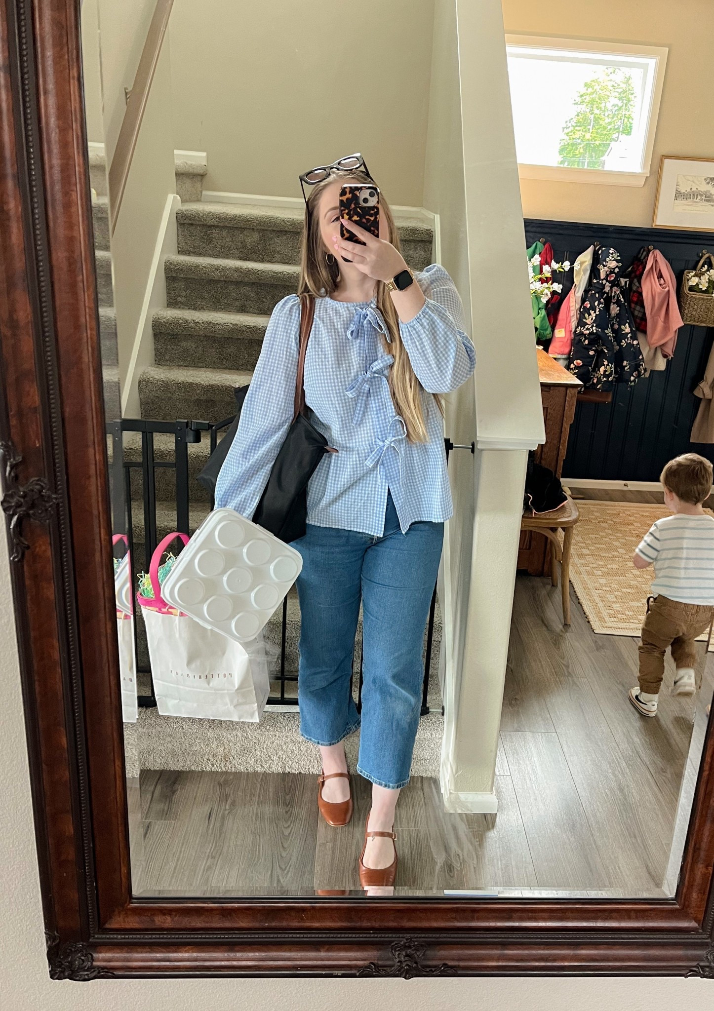 Gingham bow blouse from Amazon. Lightweight, functioning buttons and fits tts. Wearing light blue, Medium.
Jeans also from Amazon. Levi’s, button front. Tts, wearing 28

#LTKFindsUnder50 #LTKStyleTip #LTKMidsize