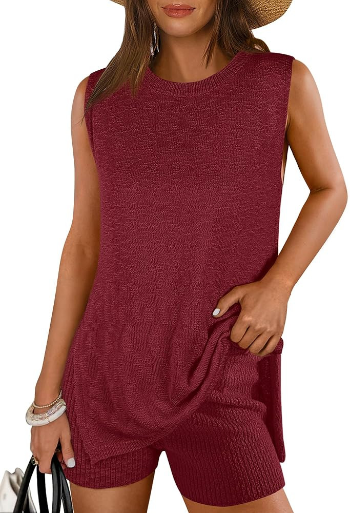 ANRABESS Women Summer 2 Piece Outfits Sleeveless Knit Sweater Top & Shorts Soft Lounge Sets Trave... | Amazon (US)
