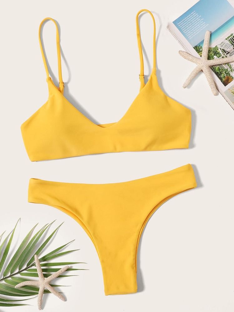 V Plunge Top With Hipster Bikini Set | SHEIN