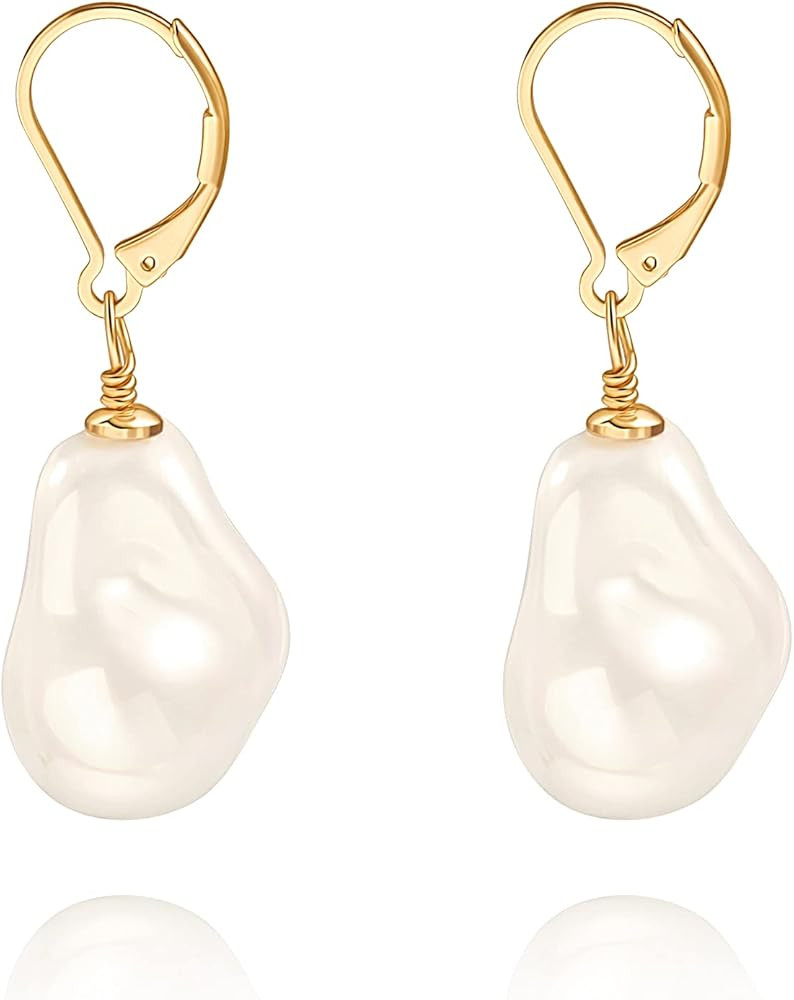 Handpicked White Pearl Earrings 18k Gold Plated Leverback Dangle Stud Pearl Earrings Jewelry for ... | Amazon (US)