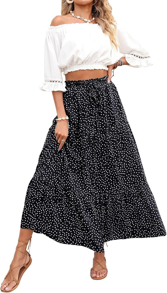 ZESICA Women's Bohemian Floral Printed Elastic Waist A Line Maxi Skirt with Pockets | Amazon (US)