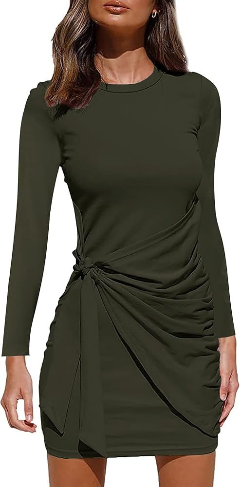 Chriselda Women's Sexy Waist Ruched Dresses Crew Neck Long Sleeve Casual Mini Bodycon Dress | Amazon (US)