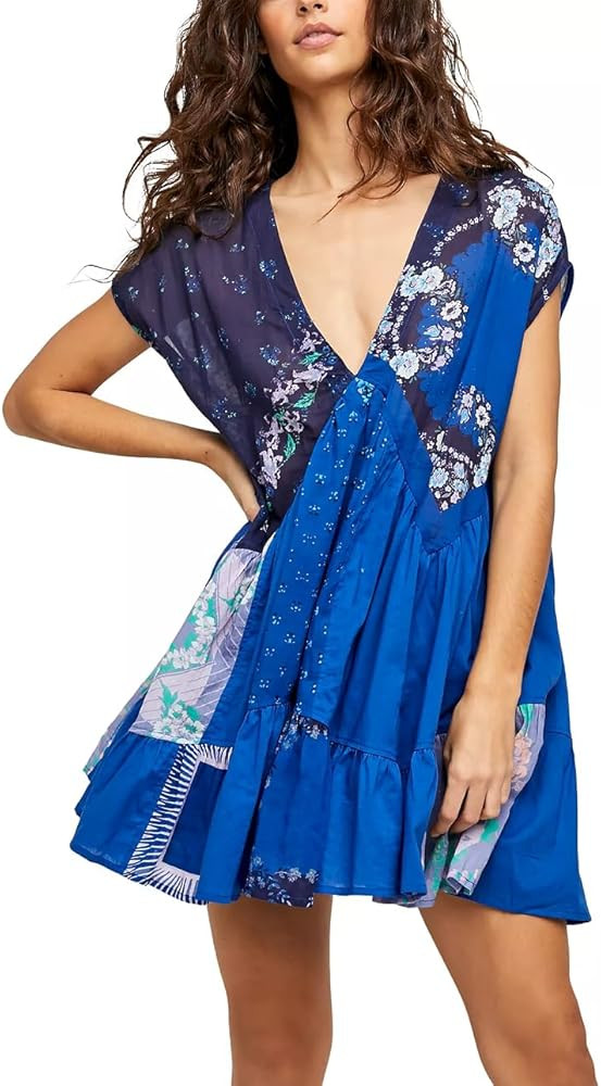 Women’s Boho Mini Dress Y2k Floral Print Deep V-Neck Puff Sleeve Short Dress 2025 Summer Loose ... | Amazon (US)