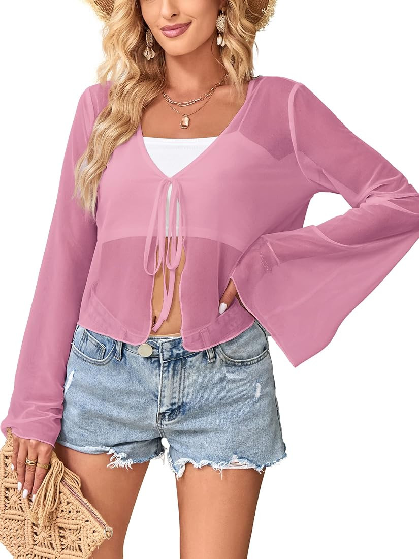 ZAFUL Women Tie Front Cardigan Long Sleeve Sheer Mesh Shrug Tie Top Lightweight Bolero Shrugs for... | Amazon (US)