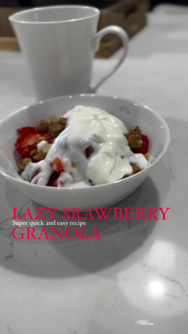 🌄🌵✨My perfect summer day starts at 5 AM with this light and easy pre-breakfast meal and cup of coffee:) I cut strawberries with my super razor cup, cannot help admiring this brilliant invention which cuts and measures simultaneously:) put strawberries in a bowl. Add real honey - love this white creamy one, it is not super sweet and very flavorful! Add 3 spoons of coconut granola and 3 spoons of greek prebiotic yogurt. 90 seconds and Vuala! Easy, healthy, light and tasty:) Feels like coffee with dessert:) Sometimes I make this lazy meal overnight and it waits for me in fridge:) Have you tried this recipe before? #morningcoffee☕️ #morningroutine☀️ #coconutgranola #morningrecipes #aziquestyle #coffeeanddessert