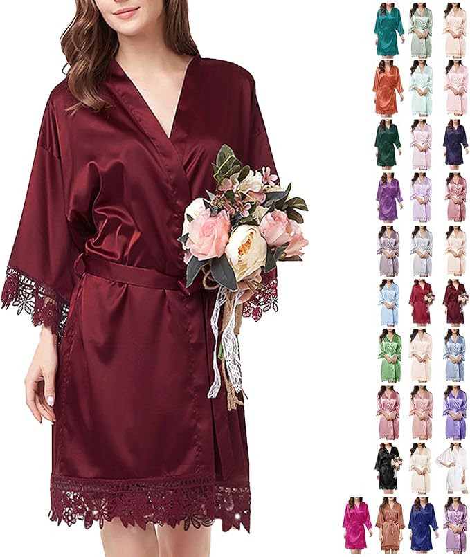 Womens Silk Robe Satin Robe Silky Kimono Lace Bathrobe Wedding Dressing Gown For Bridal Bride Bri... | Amazon (US)