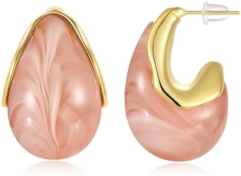 KissYan Acrylic Teardrop Earrings for Women, 14K Gold Plated Resin Chunky Hoop Earrings, Lightwei... | Amazon (US)