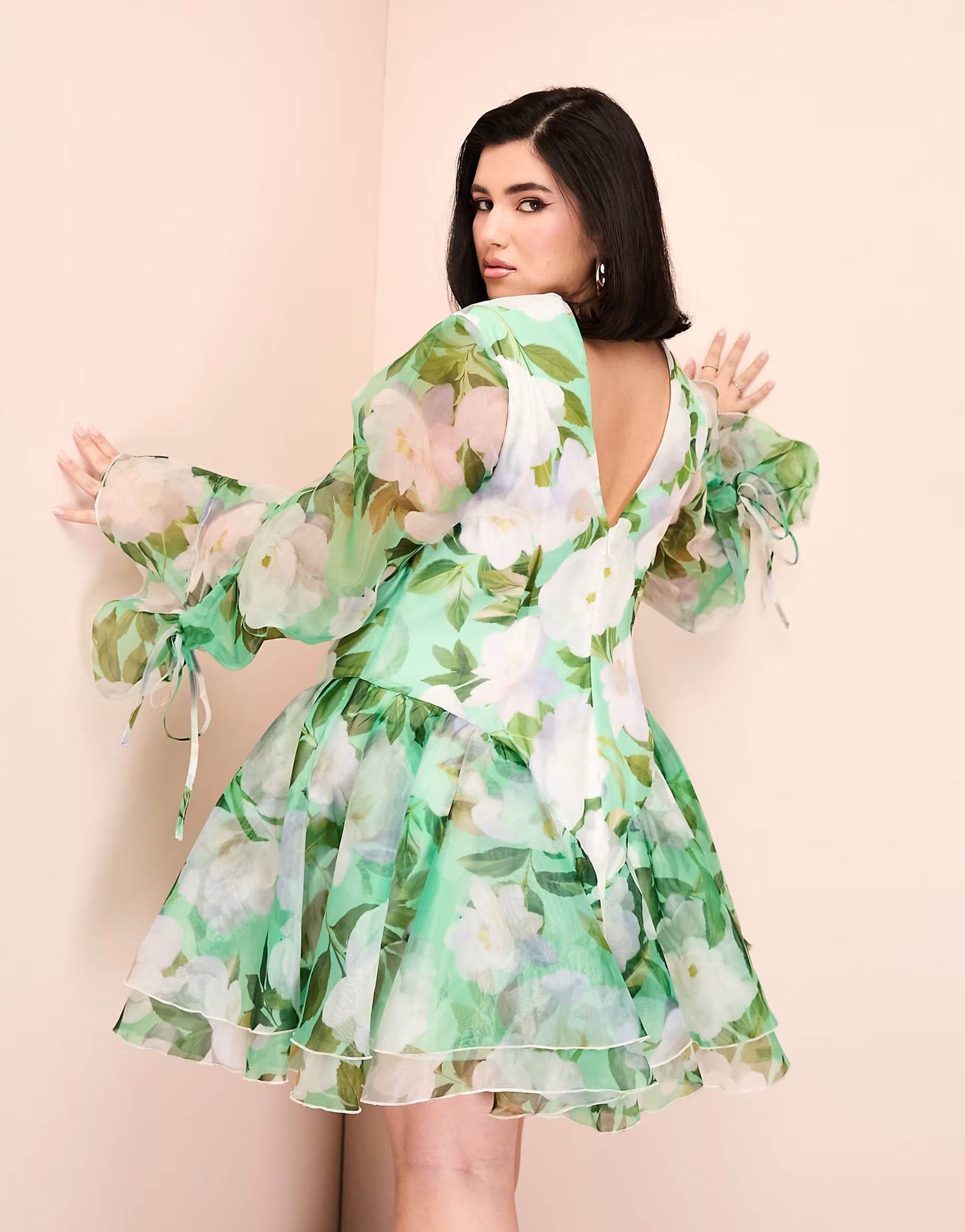 ASOS LUXE Curve cupped organza mini dress in green floral print | ASOS (Global)