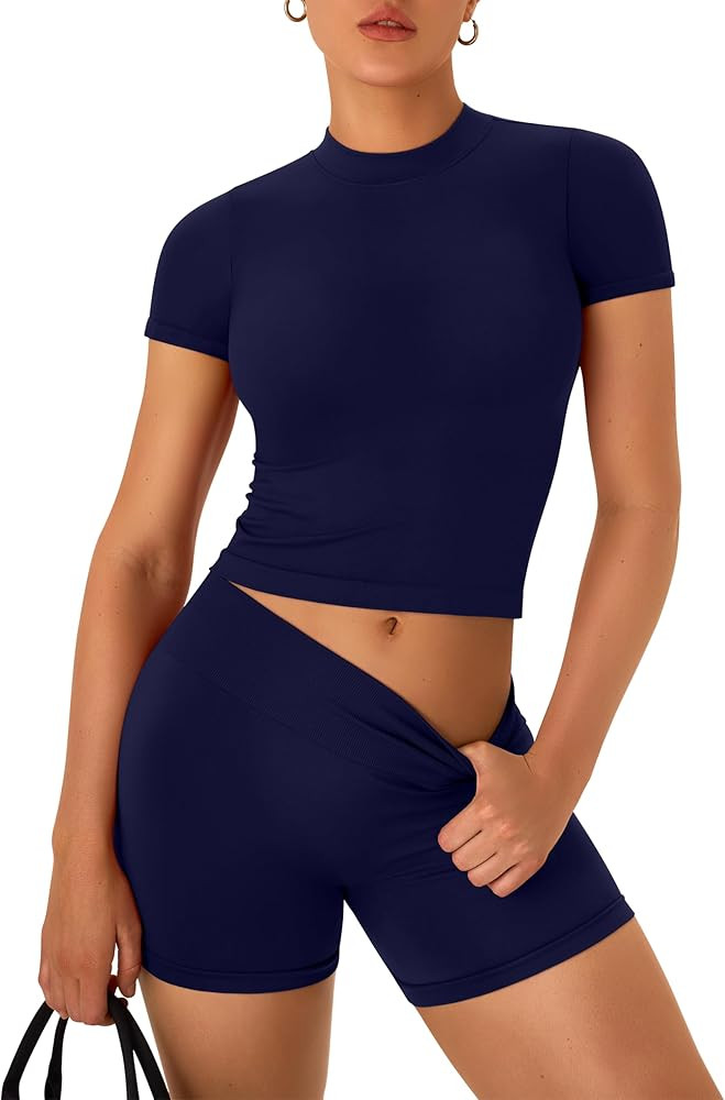 Amazon.com: OLCHEE Womens Workout Sets 2 Piece Seamless Summer Outfits Scrunch Butt Shorts Crew N... | Amazon (US)