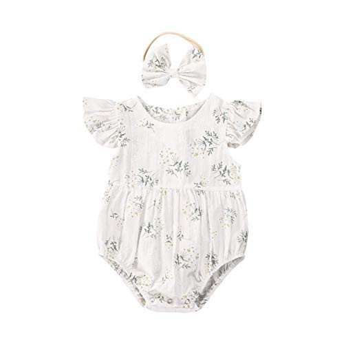 Newborn Baby Girl Romper Floral Ruffle Sleeveless Jumpsuit Cotton Bodysuit with Headband Summer Clothes Outfit (A-White, 0-6m) | Amazon (US)