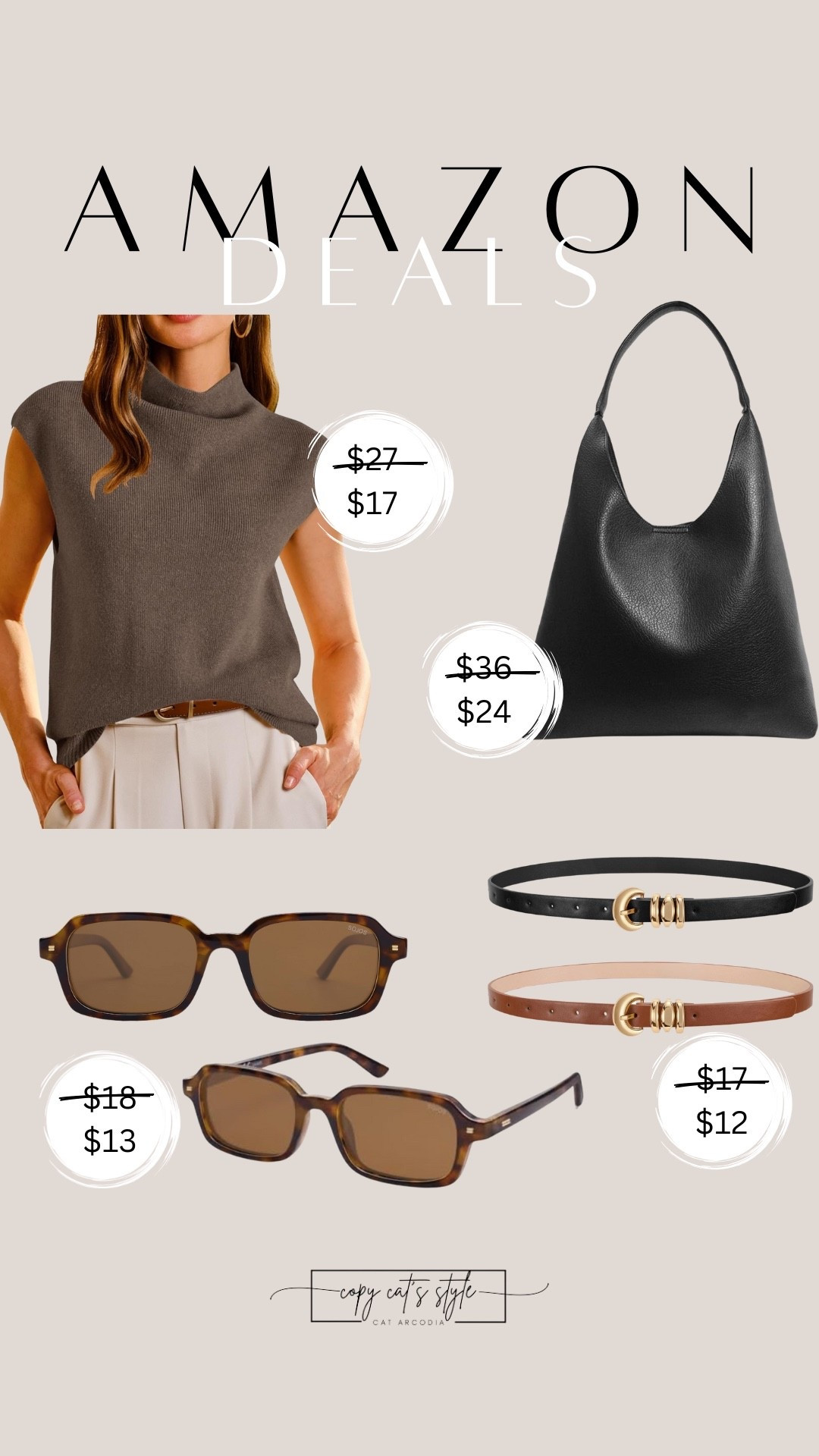 Amazon daily deals in fashion. Amazon belts, sunglasses, sweaters, and bags all on sale. 

#LTKSaleAlert #LTKMidsize #LTKOver40
