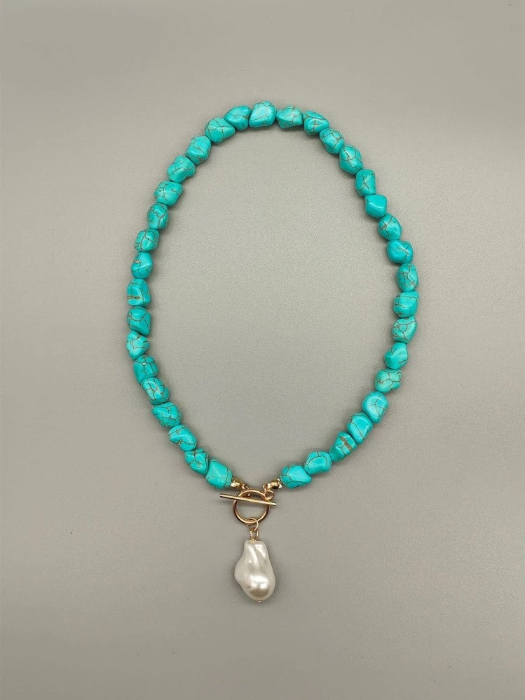 1pc Vintage OT Buckle Faux Pearl Pendant Turquoise Beaded Necklace For Women For Gift | SHEIN