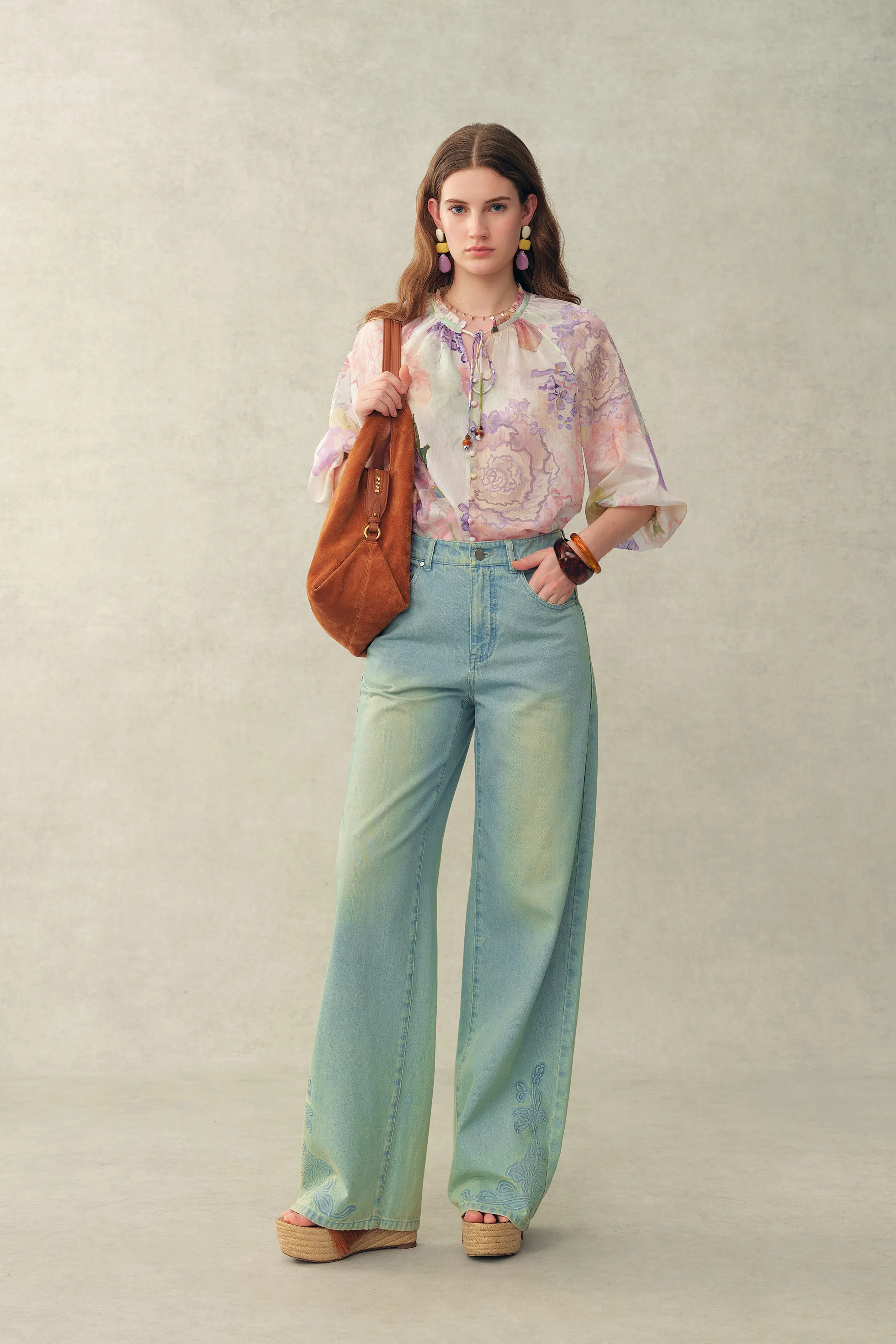 Yori Handpainted Floral Print Sheer Beaded Puff Sleeve Blouse in Silk | Fabrique