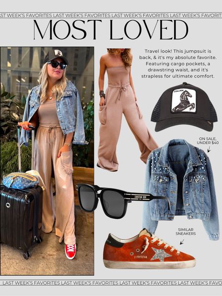 Best seller sunglasses & onesie! They brought back this onesie jumpsuit that I absolutely adore. Cargo pockets, drawstring waist and strapless. Wearing a small! Stays put! 🤗

Jacket, small.
Shoes, TTS. 

 Travel outfit. Luggage. Onesie. Denim jacket. Romper. Jumpsuit. Lounge wear. Casual outfit. 

#LTKSaleAlert #LTKTravel #LTKStyleTip