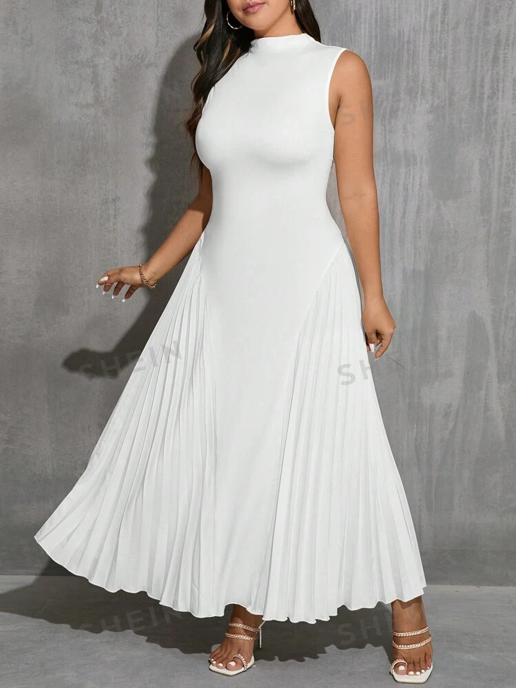 SHEIN Privé Plus Size Elegant Pleated Round Neck And Stand Collar Sleeveless Fit And Flare Apric... | SHEIN