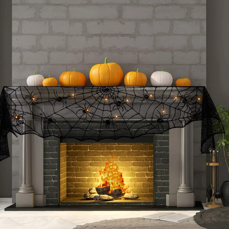 Halloween Decoration Black Lace Spiderweb Fireplace Mantle with String Lights for Halloween Party... | Walmart (US)