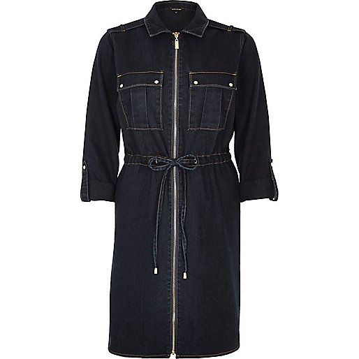 Dark wash denim zip shirt dress | River Island (UK & IE)