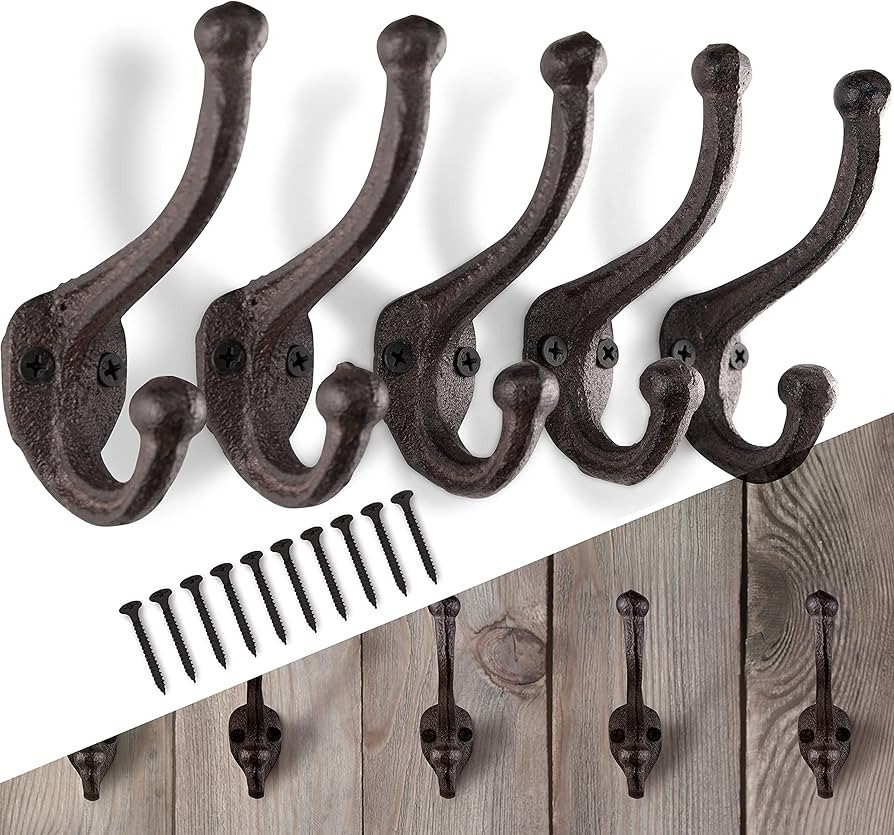 Rustic Cast Iron Coat Hooks (5 Pack) Wall Mounted Farmhouse Decorative Wall Hooks, Vintage Hooks ... | Amazon (US)