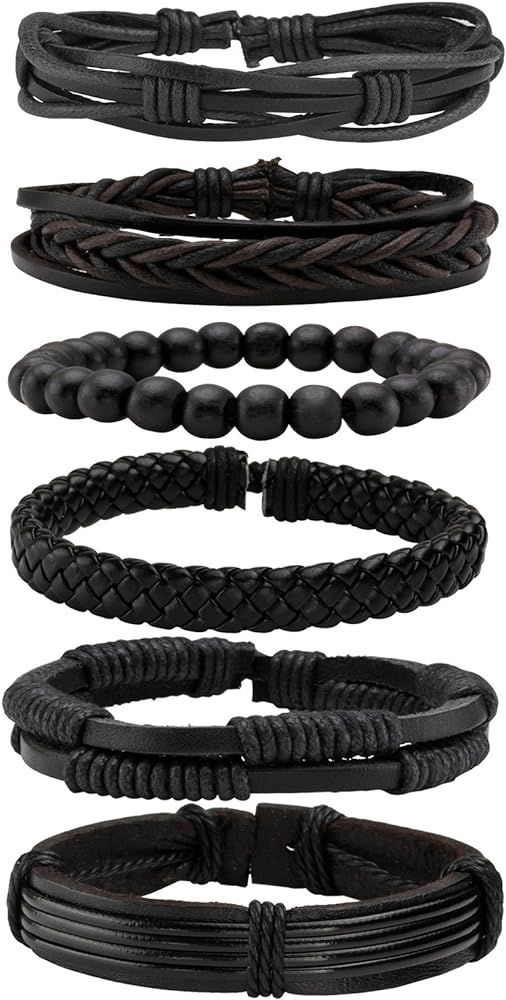 MILAKOO 6 Pcs Punk Braided Leather Bracelets for Men Women Cuff Wrap Wristbands Adjustable | Amazon (US)