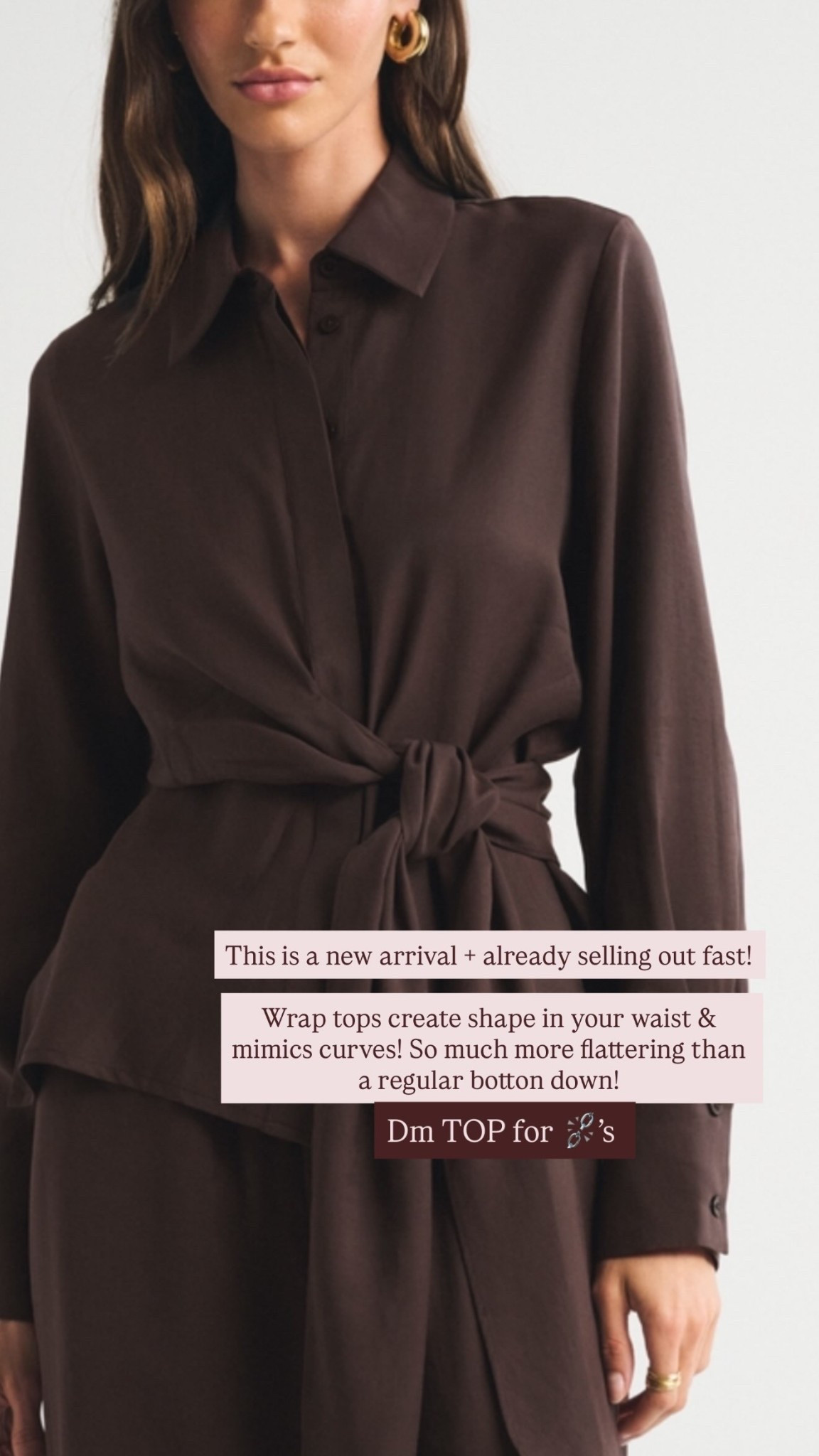 This is a new arrival + already selling out fast! 

Wrap tops create shape in your waist & mimics curves! So much more flattering than a regular botton down!