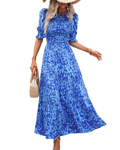 BTFBM Women Casual Summer Dresses 2026 Spring Crew Neck Ruffle Short Sleeve Smocked Floral Boho Flowy Maxi Dress Clothes(Print Blue, Small) | Amazon (US)